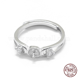 Adjustable Rhodium Plated 925 Sterling Silver Finger Ring Components, For Half Drilled Beads, with Cubic Zirconia, Clear, Platinum, Size 6, 16mm, Pin: 0.9mm