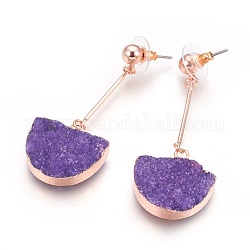 Natural Druzy Quartz Dangle Stud Earrings, with Golden Tone Brass Findings, Half Round, Indigo, 56mm, Pin: 0.7mm