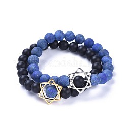 Natural Black Agate(Dyed) Bead and Natural Lapis Lazuli(Dyed & Heated) Bead Stretch Bracelet Sets, with Alloy Findings, Frosted, 2-1/8 inch(5.5cm), 2pcs/set