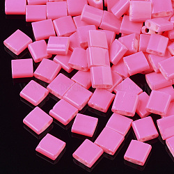 2-Loch-Backfarbe Glasperlen, Rechteck, neon rosa , 5x4.5~5.5x2~2.5 mm, Bohrung: 0.5~0.8 mm