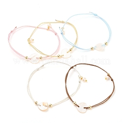 Adjustable Polyester Braided Cord Bracelet, Link Bracelet, with Round Natural Pearl Beads, Brass Beads and Shell Links, Heart, Mixed Color, Inner Diameter: 2-1/8~3 inch(5.4~7.5cm)