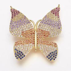 Ottone micro spianare pendenti zirconi, farfalla, oro, 33x28x3mm, Foro: 1 mm