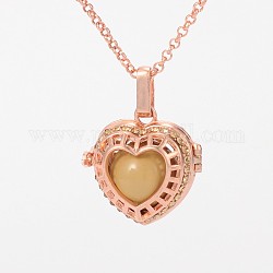 Rose Gold Plated Brass Rhinestone Cage Pendants, Chime Ball Pendants, Hollow Heart, with No Hole Spray Painted Brass Round Ball Beads, Goldenrod, 28x27x15mm, Hole: 3x8mm