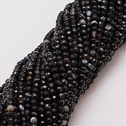 Natural Striped Agate/Banded Agate Bead Strands, Dyed, Faceted, Round, Black, 4mm, Hole: 0.8mm, about 90~92pcs/strand, 14 inch