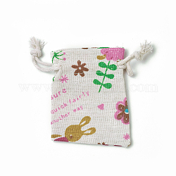Hasen Sackleinen Verpackungsbeutel, Kordelzugbeutel, Rechteck mit Kaninchen & Blumenmuster, Farbig, 8.7~9x7~7.2 cm