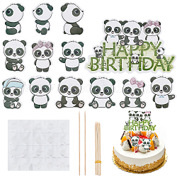 Panda-Kuchentopper-Set aus Papier, Kucheneinlage Karte, mit Bambusstab und Aufklebern, für Partykuchendekoration, Mischfarbe, Panda-Tag: 59~61x41.5~54x0.4 mm, 12 Stück / Set