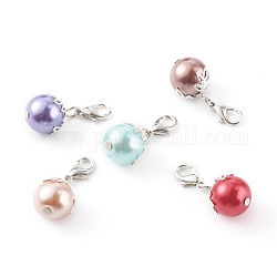 Baking Painted Pearlized Glass Pearl Round Beads, with Silver Brass Flower Bead Caps and Platinum Zinc Alloy Lobster Claw Clasps, Mixed Color, 28mm, Hole: 3.5x4mm