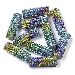 Kunststoff-Perlen, mit Kristallstrass und Saatperlen, Kolumne, Türkis, 31x10 mm, Bohrung: 2 mm
