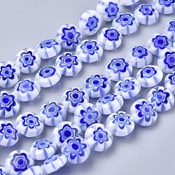 Handmade Millefiori Glass Beads Strands, Flat Round, Blue, 8x3mm, Hole: 1mm, about 50pcs/strand, 14.1 inch