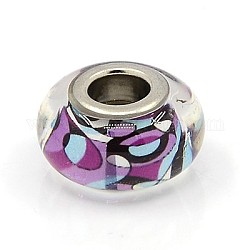 Glue Glass European Beads, Large Hole Beads, with Brass Double Cores, Rondelle, Platinum, Medium Orchid, 14~15x8mm, Hole: 5mm