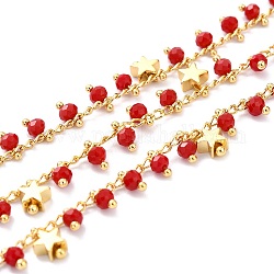 Chaînes de perles de verre rondes facettées à la main de 3.28 pied, avec des breloques étoiles en laiton, soudé, Plaqué longue durée, or, rouge, 2.5x1.5x0.5mm