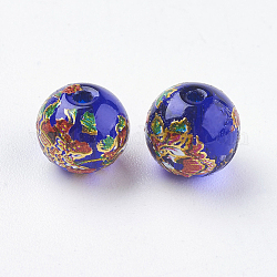 Flower Picture Printed Glass Beads, Round, Royal Blue, 8x7mm, Hole: 1mm