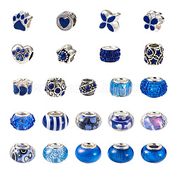 Cheriswelry 98pcs Knisterharz europäische Perlen, Großloch perlen, mit versilberten Messingkernen, Mischformen, Blau, 98 Stück