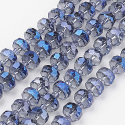 Abalorios de vidrio electroplate hebras, chapado en arco iris , facetados, plano y redondo, acero azul, 7.5~8mm, agujero: 1 mm, aproximamente 50 pcs / cadena, 13.7 pulgada (35 cm)