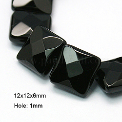 Natural Black Onyx Beads Strands, Dyed, Faceted, Square, Black, 12x12x6mm, Hole: 1mm, about 16 inch, 33pcs/strand