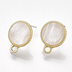 Alloy Stud Earring Findings, with Raw(Unplated) Pins, Resin and Loop, Flat Round, Light Gold, White, 15x11.5mm, Hole: 2mm, Pin: 0.7mm