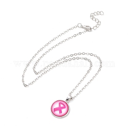 Collier pendentif rond plat en verre avec chaîne en laiton, bijoux de ruban de sensibilisation au cancer du sein pour femmes, motif de ruban, 18.70 pouce (47.5 cm)