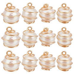 Beebeecraft 14Pcs Natural Cultured Freshwater Pearl Round Charms, with Real 18K Gold Plated Eco-Friendly Copper Wire Wrapped, Linen, 15x11.5mm, Hole: 3mm