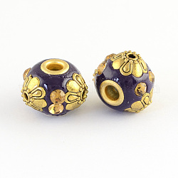 Round Handmade Indonesia Beads, with Golden Metal Color Brass Cores, Indigo, 12~14x15~17mm, Hole: 3~3.5mm