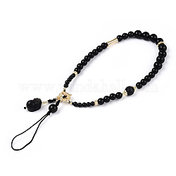 Natural Gold Obsidian & Limestine & Obsidian & Black Agate & Brass Mobile Phone Straps, for His-and-Hers Nylon Cord Mobile Accessories Decoration, Black, 20~21cm, Beads: 3~11mm, Pi Xiu: 14.5x10x10mm, Ring: 10.5x4mm, Gasket: 7.5x2.5mm, Strip: 12.5x5mm