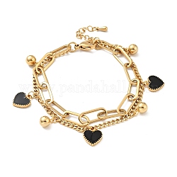 Bracelet multirangs charm cœur et boule ronde en résine, placage sous vide 304 bracelet double chaîne en acier inoxydable pour femme, or, 7-1/2 pouce (19 cm)