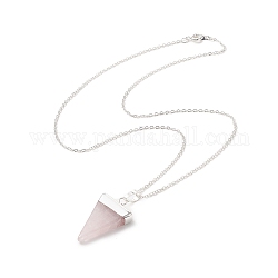 Collana con ciondolo geometrico in quarzo rosa naturale, gioielli in ottone platino per donna, triangolo, 18.50 pollice (47 cm), ciondoli:34x21x6.5mm