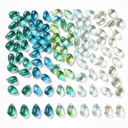 Ahadermaker 100 pièces 5 couleurs breloques en verre transparent, poudre d'or scintillant, larme, verte, 9x6x5mm, Trou: 1mm, 20 pcs / couleur
