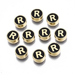Legierung Emaille-Perlen, cadmiumfrei und bleifrei, Licht Gold, flach rund mit Alphabet, Schwarz, Buchstabe r, 8x4 mm, Bohrung: 1.5 mm