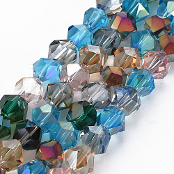 Electroplate transparentes abalorios de vidrio hebras, color de ab chapado, facetados, bicono, colorido, 8x7mm, agujero: 1.2 mm, aproximamente 58 pcs / cadena, 16.14 pulgada (41 cm)