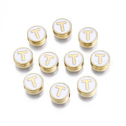 Legierung Emaille-Perlen, cadmiumfrei und bleifrei, Licht Gold, flach rund mit Alphabet, weiß, letter.t, 8x4 mm, Bohrung: 1.5 mm
