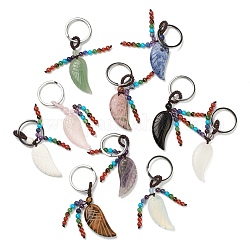 Bijoux chakra, porte-clé pierres précieuses, avec porte-clés fendus en laiton et fil de nylon, aile sculptée, platine, 7.5 cm