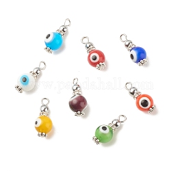 Handmade Lampwork Evil Eye Pendants, with Brass & Alloy Spacer Beads, Round, Mixed Color, 18.5~19x7.5~8mm, Hole: 2~2.5mm