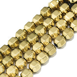 Electroplate Non-magnetic Synthetic Hematite Beads Strands, Round, Faceted, Real 18K Gold Plated, 5.5x6x5mm, Hole: 1.4mm, about 69~70pcs/strand, 15.75 inch(40cm)