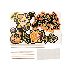 Décoration de carte d'insertion de gâteau en papier thème halloween bricolage, avec bâton de bambou, pour la décoration de gâteaux, y compris les sorcières, citrouilles, araignées et mot joyeux halloween, couleur mixte, 150mm