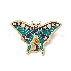 Moth With Moon Phase Enamel Pin, Golden Brass Brooch for Backpack Clothes, Teal, 31x46x2mm, Pin: 1.2mm.