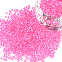 11/0 Grade A Round Glass Seed Beads, Transparent Inside Colours, Hot Pink, 2.3x1.5mm, Hole: 1mm, about 48500pcs/pound