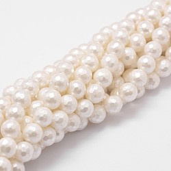 Cuentas perlas de concha de perla, Grado A, reronda facetas, blanco floral, 6mm, agujero: 1 mm, aproximamente 62 pcs / cadena, 16 pulgada