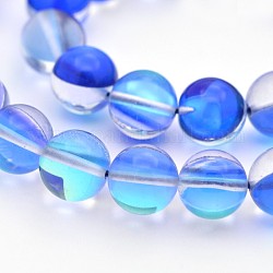 Fili di pietra lunare sintetica rotonda, perle olografiche, tinto, blu, 8mm, Foro: 1 mm, circa 45~47pcs/filo, 14~15 pollice