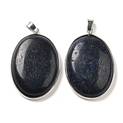 Pendentifs teints en lapis-lazuli naturel, Breloques ovales en laiton plaqué platine avec fermoirs en fer, 46x31.5x8~9mm, Trou: 7x3.5mm