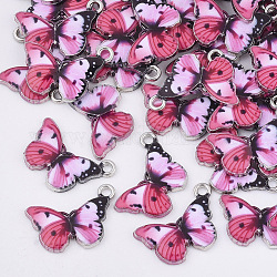 Colgantes de la aleación impresos, con esmalte, mariposa, Platino, de color rosa oscuro, 13.5x20x2mm, agujero: 1.6 mm