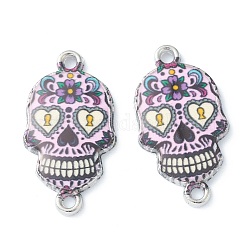 Alloy Enamel Links Connectors, Sugar Skull, for Mexico Holiday Day of the Dead, Platinum, Pearl Pink, 25.5x13.5x2.5mm, Hole: 1.6mm
