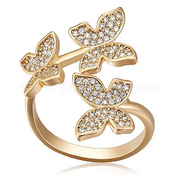 Latón micro pave anillos de brazalete de circonio cúbico, anillos abiertos, Plateado de larga duración, mariposa, real 18k chapado en oro, 2.5~24mm, diámetro interior: 17.5 mm