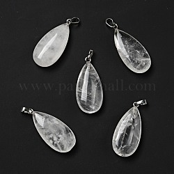 Pendentifs de cristal de quartz naturel, pendentifs en cristal de roche, avec les accessoires en laiton de tonalité de platine, larme, 33x15x7~7.5mm, Trou: 5x3.5mm
