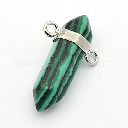 Platinum Tone Pointed Brass Gemstone Bullet Pendants, Dyed, Faceted, Malachite, 29~33x17.5x9.5mm, Hole: 2.5mm