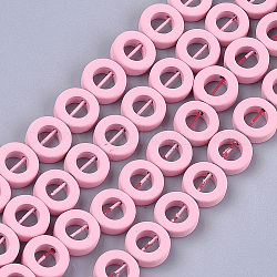Spray Painted Non-magnetic Synthetic Hematite Beads Strands, Bead Frame, Donut, Pink, 8.5x3mm, Hole: 0.8mm, Inner Diameter: 4.5mm, about 47~48pcs/strand, 15.7 inch