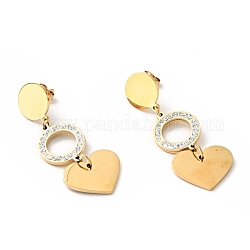 Crystal Rhinestone Ring and Heart Long Dangle Stud Earrings with 316 Stainless Steel Pins, Vacuum Plating 304 Stainless Steel Jewelry for Women, Golden, 50mm, Pin: 0.7mm