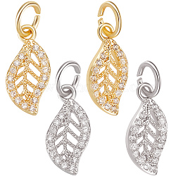 Beebeecraft 20Pcs 2 Colors Brass Micro Pave Cubic Zirconia Charms, with Jump Ring, Long-Lasting Plated, Leaf Charm, Real 18K Gold Plated & Real Platinum Plated, Clear, 13x6x1mm, Hole: 3mm, 10pcs/color