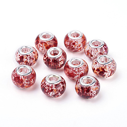 Perles européennes en verre peint, avec des noyaux de cuivre d'argent, Perles avec un grand trou   , rondelle, firebrick, 14~15x9.5~11mm, Trou: 5mm