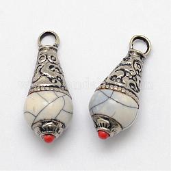 Brass Teardrop Pendants, with Resin Imitation Synthetic Turquoise and Antique Silver, White, 26~28x11mm, Hole: 4mm