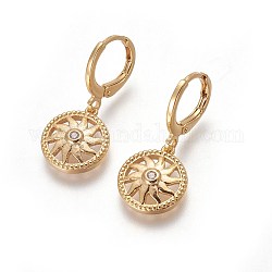 Brass Dangle Hoop Earrings, with Micro Pave Cubic Zirconia, Flat Round with Sun, Golden, 27mm, Pin: 1mm